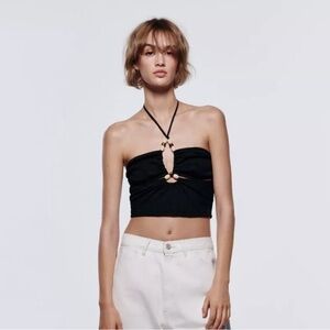 Beaded stone cut out halter crop top black beachy vacation top